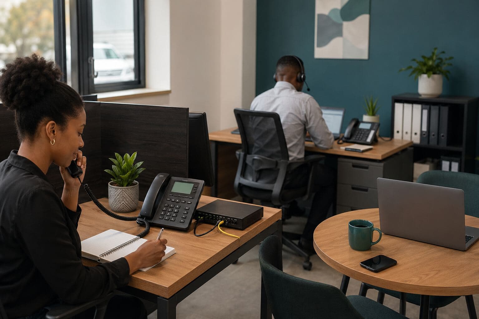 Small business phone system planning scene in a South African office