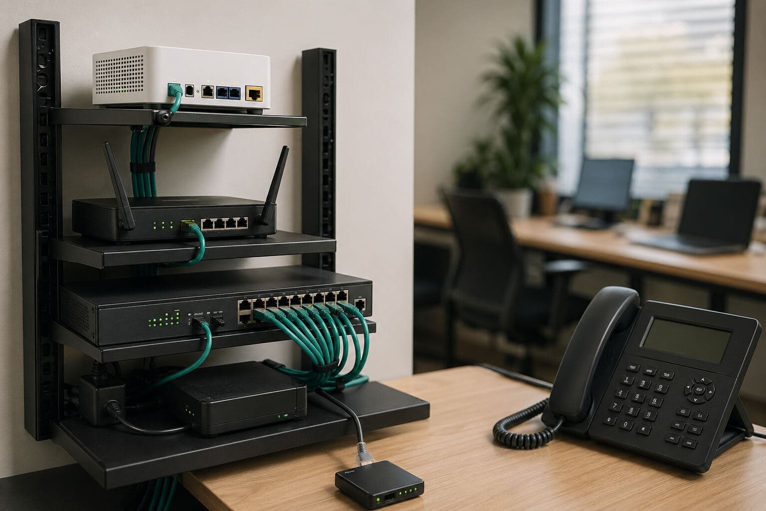 Business VoIP fibre and network equipment setup
