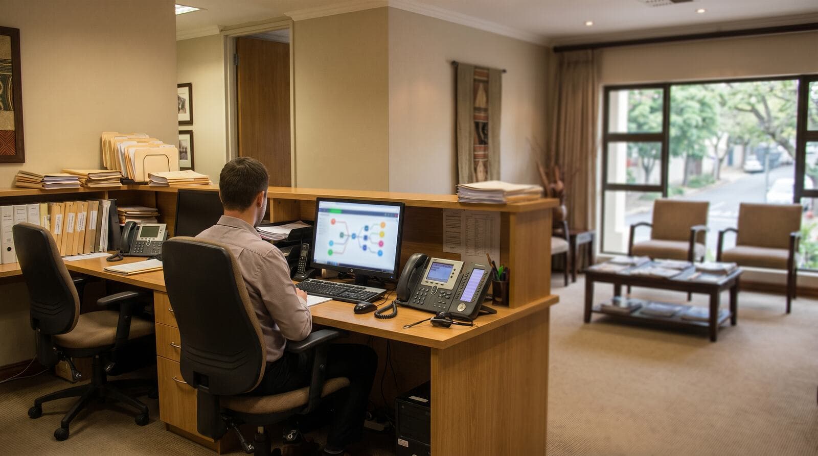 Legal practice reception with desk phones and cloud PBX call management