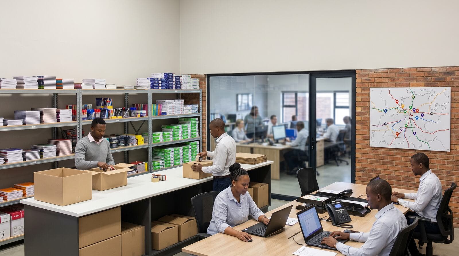 Stationery warehouse and office team using desk phones for multi-branch operations