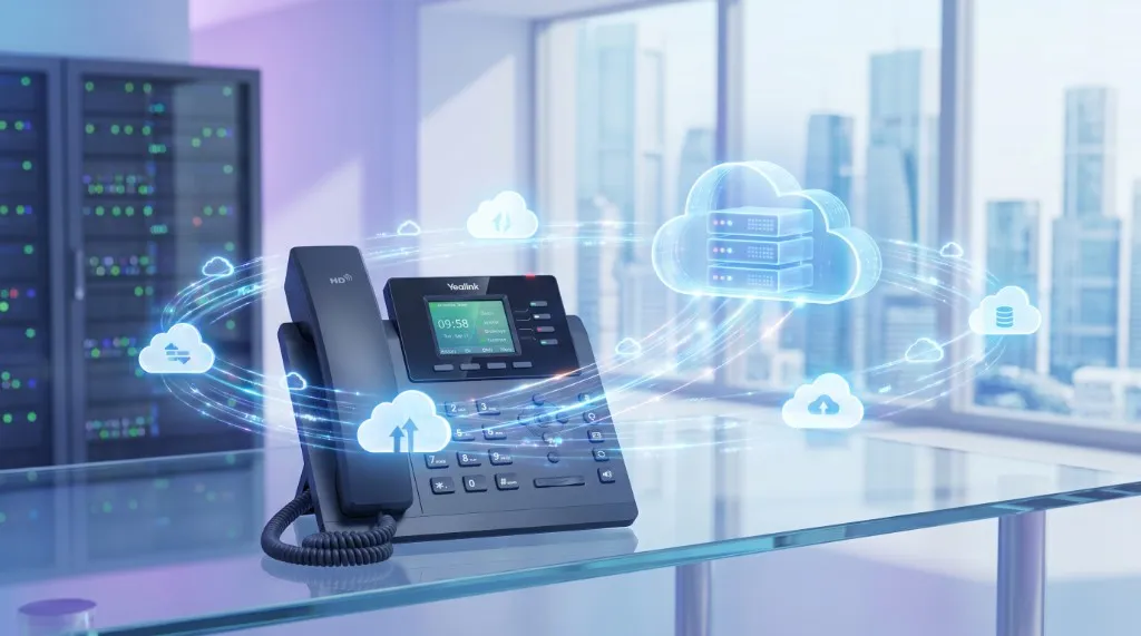 Yealink desk phone with cloud network graphics